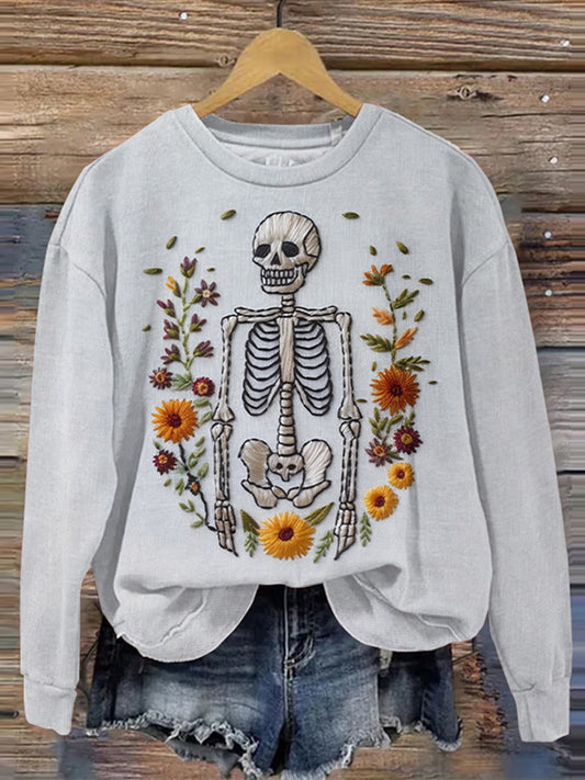 Halloween Embroidered Skull Print Crew Neck Sweatshirt