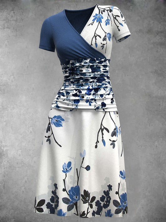 Women's Vintage Floral Print Short Sleeve V Neck Midi Dress