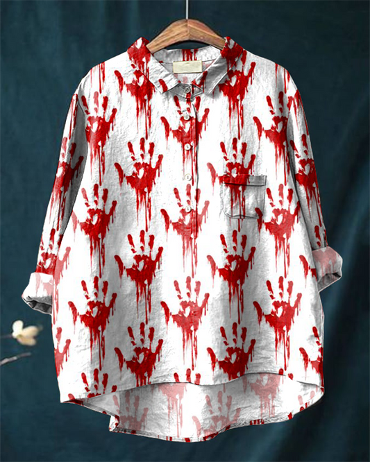 Halloween Funny Bloody Palm Cotton and Linen Casual Shirt