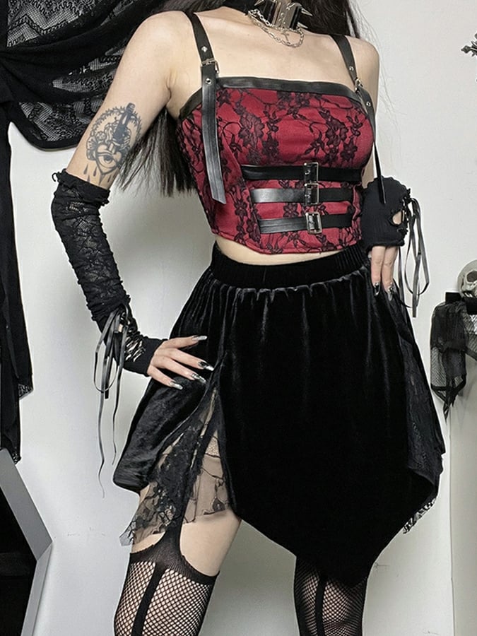 Dark Velvet Lace Elastic Waist Patchwork Skirt