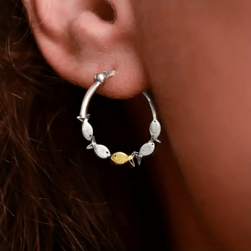 Mini Fish Swimming Against The Current Zinc Alloy Hoop Earrings