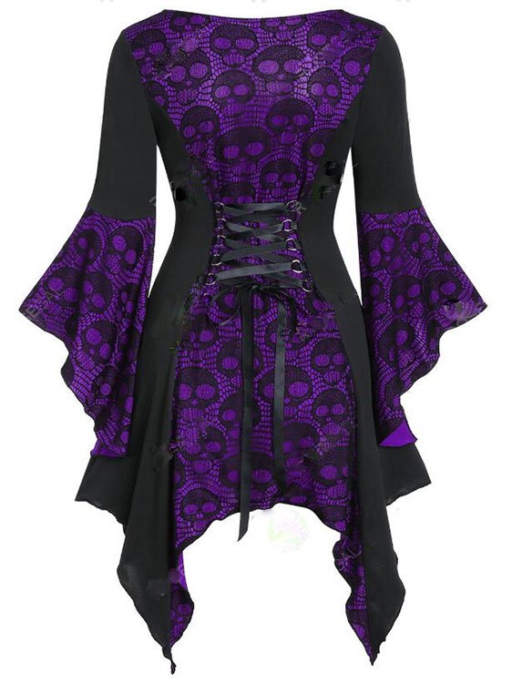 Halloween Skull Lace Tie Irregular Dress