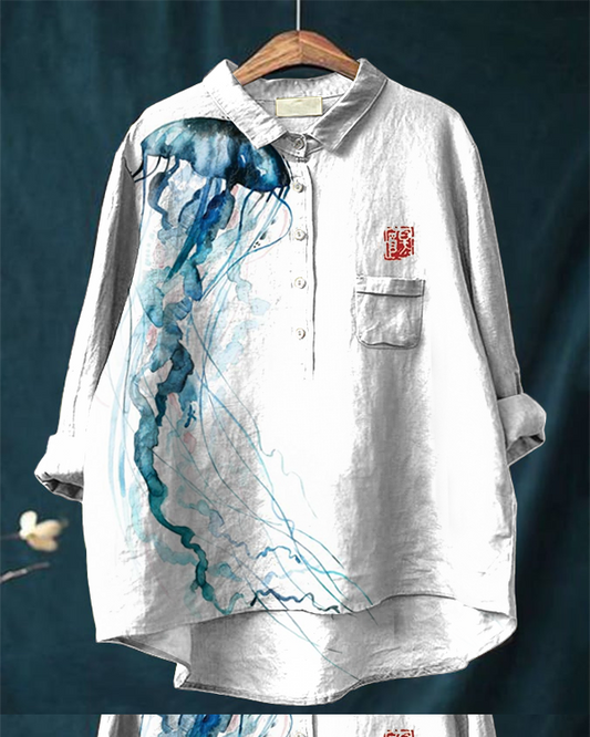 Japanese Art Jellyfish Print Casual Cotton and Linen Shirt