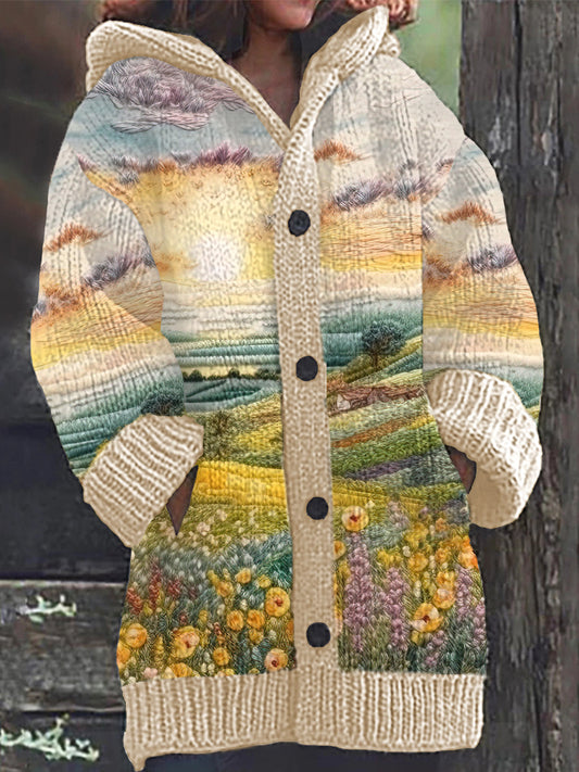 Embroidery Flower Landscape Art Painting Cozy Knit Hooded Cardigan