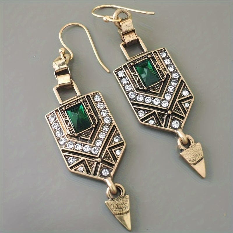 Vintage Geometric Shape Shiny Synthetic Gems Inlaid Dangle Earrings