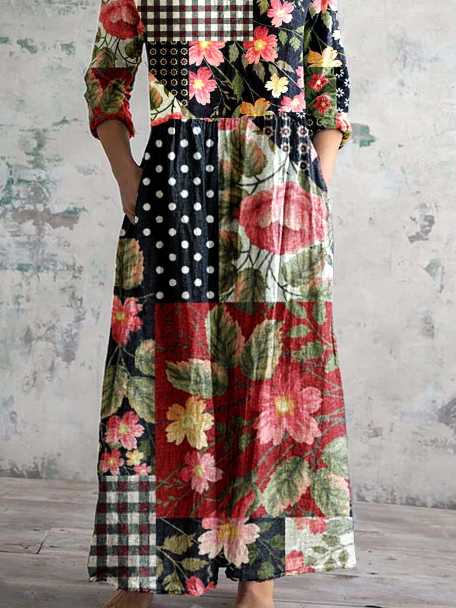 Women's V-Neck Vintage Geometric Rose Floral Print Dress with Pockets