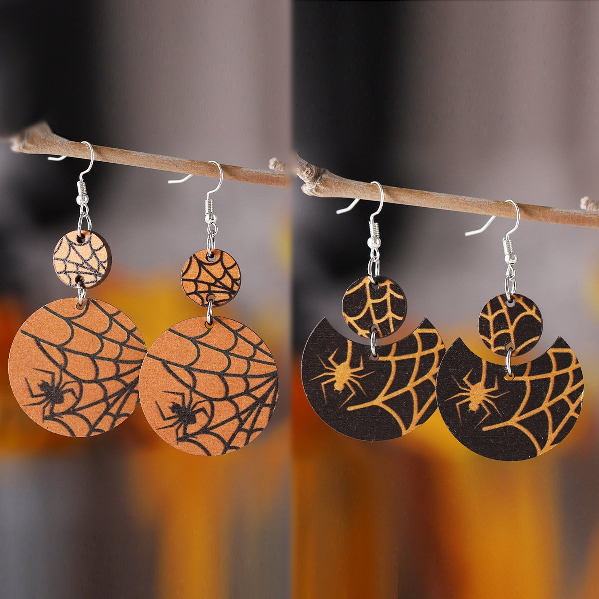 Women's Halloween Spider Wood Earrings