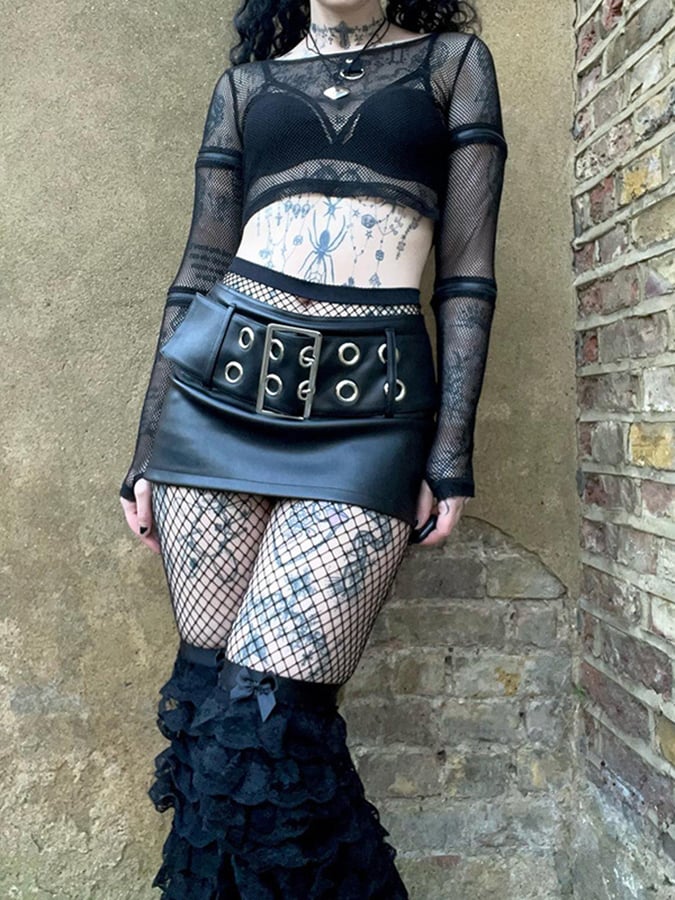 Dark Street Wide Belt Tight Faux Leather Mini Skirt