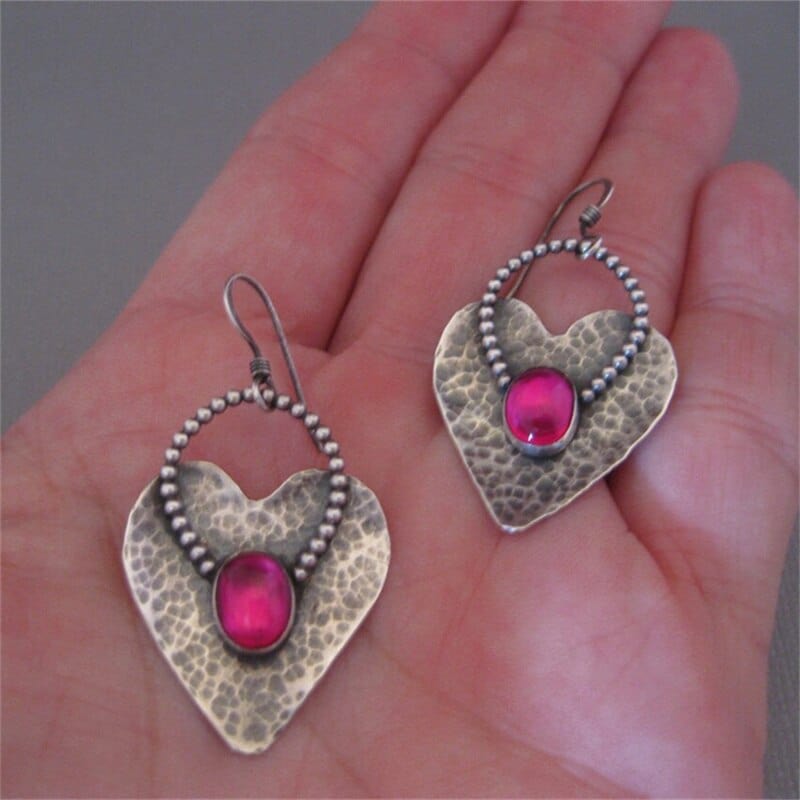 Luxury Heart Round Geometry Red Stone Hook Earrings