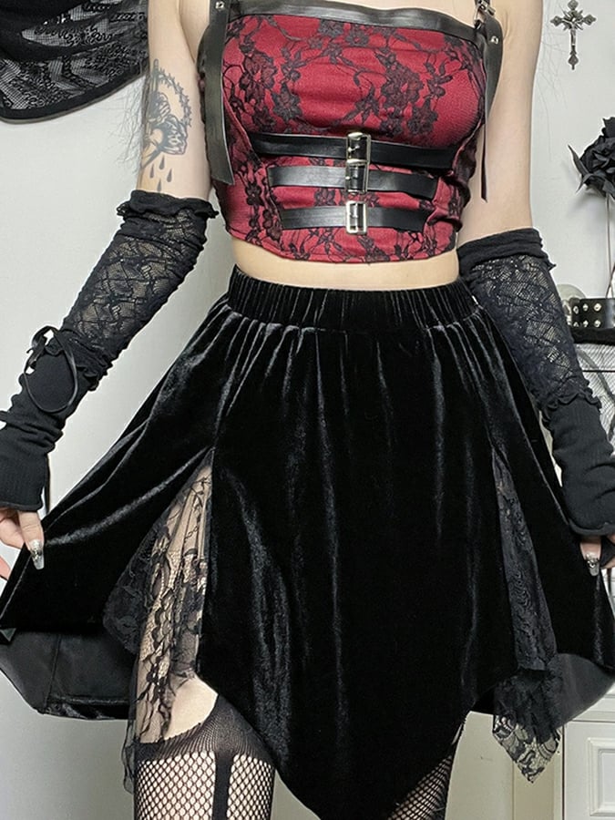 Dark Velvet Lace Elastic Waist Patchwork Skirt