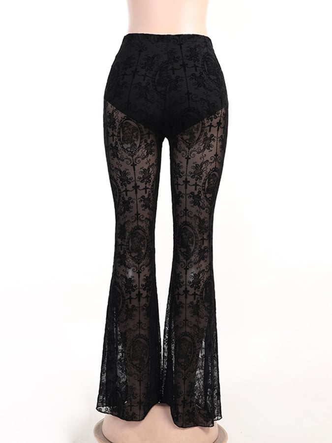 Halloween Gothic Dark Skinny Lace Spliced See Through Flared Pants