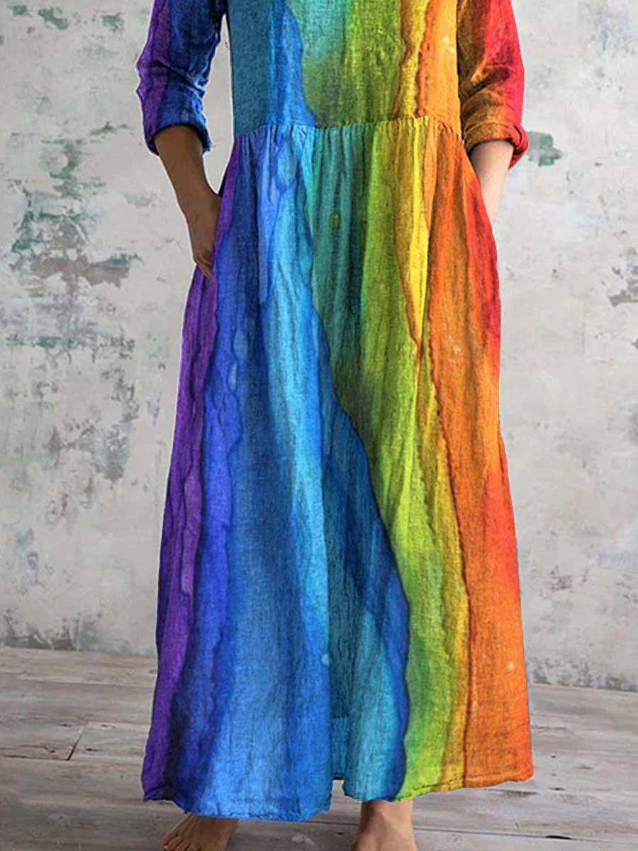 Women's V-neck Rainbow Art Cotton And Linen Dress With Pockets