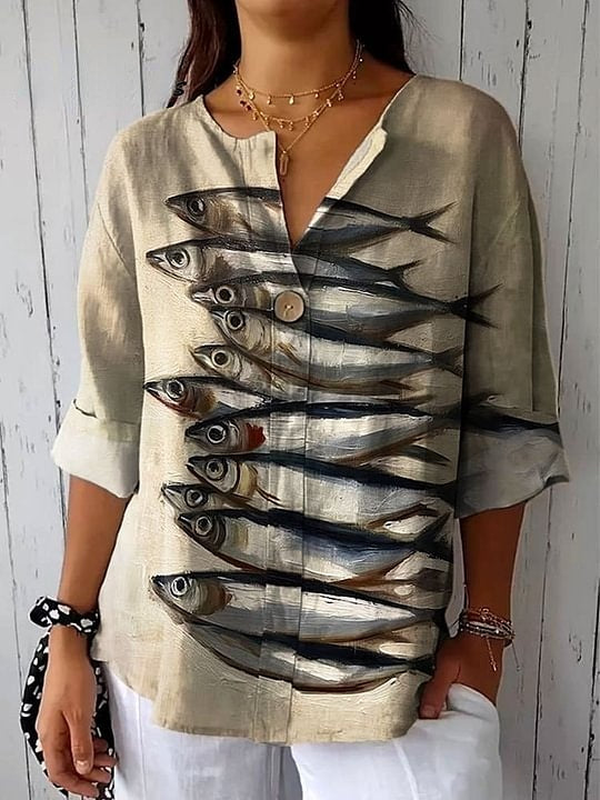 Women's Vintage Fish Art Print Casual Cotton And Linen Shirt