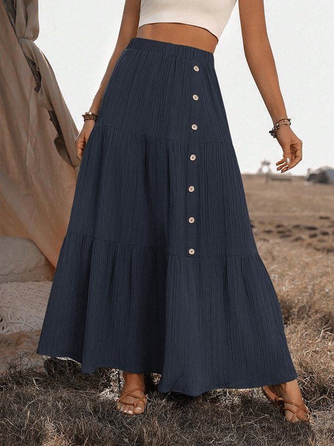 Women's Summer Button Decorated Ruffle Hem Long Skirt