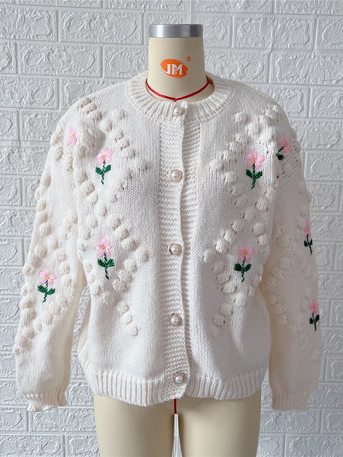 Women's Casual Crochet Embroidery Pearl Button Cardigan Sweater