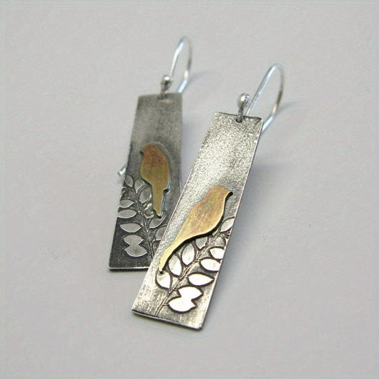 Rectangle Shape With Cute Bird Twig Print Silvery Dangle Earrings