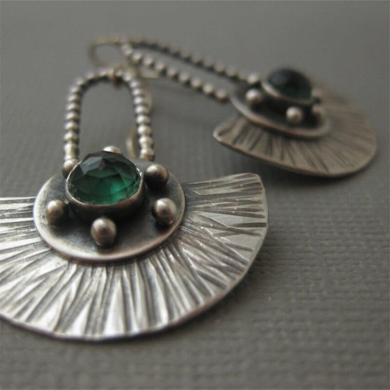 Attractive Fan Shaped Geometry Green Stone Earrings