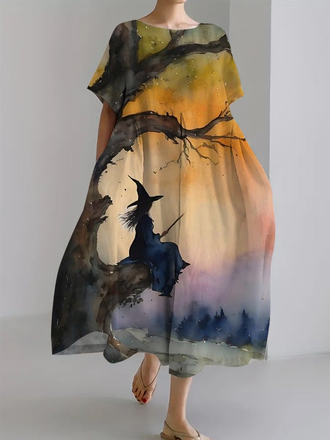 Women's Halloween Witch Oil Painting Design Casual Pocket Loose Dress