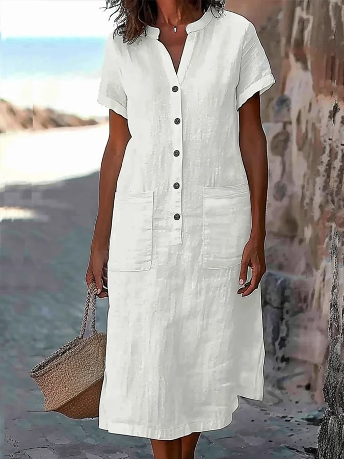 Women'S Solid Color Cotton And Linen Casual Dress