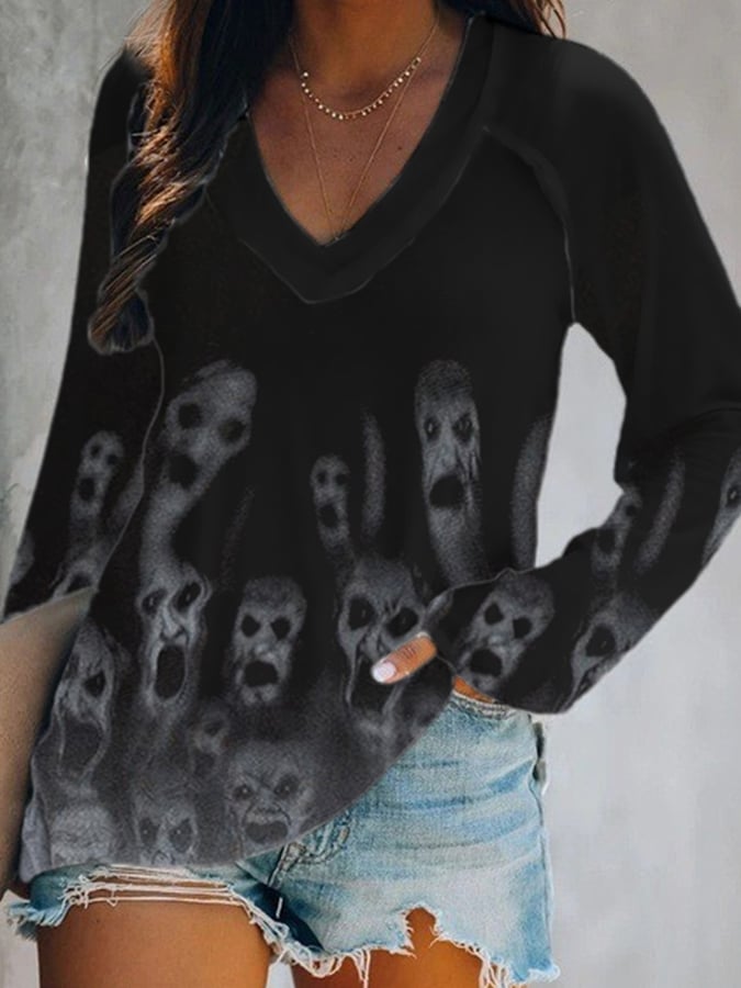 Women's skull print V-neck long sleeved T-shirt