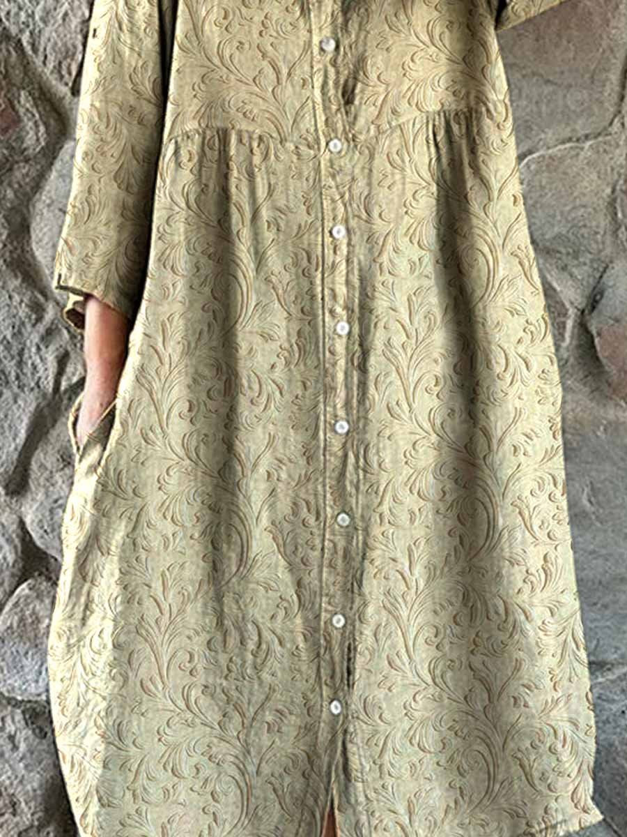 Women's Elegant Simple Floral Pattern Shirt Cotton and Linen Dress with Pockets