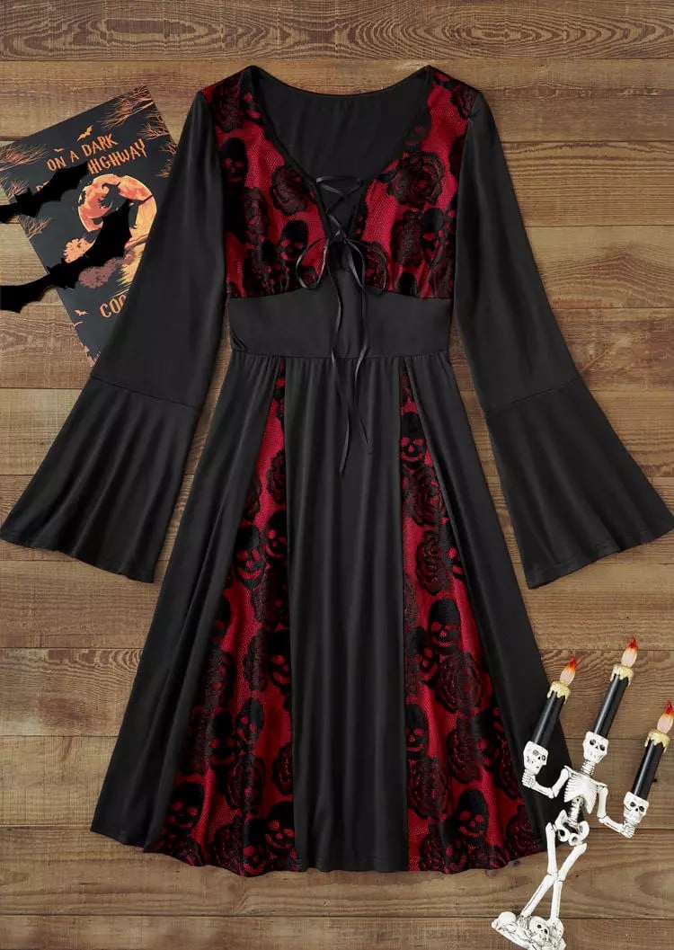 Women's Halloween Rose Skull Lace Up Mini Dress