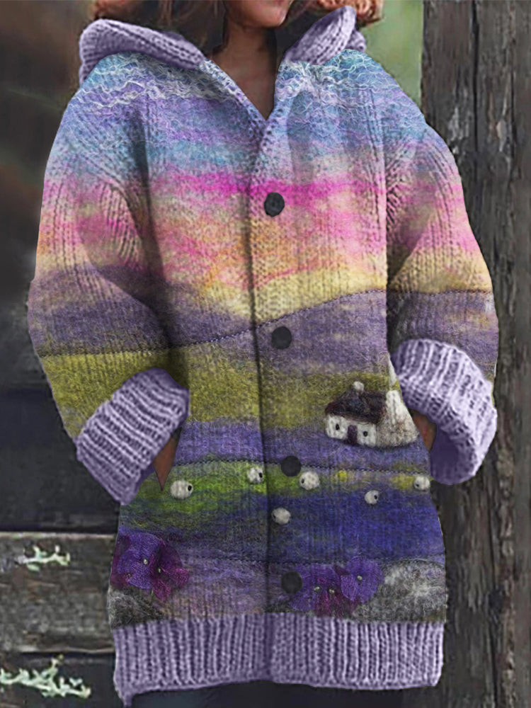 Sheep Cottage Landscape Felt Art Cozy Hooded Cardigan