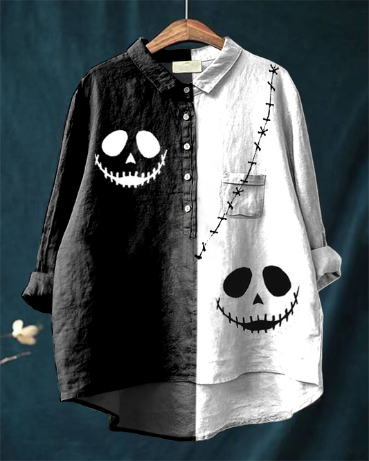 Halloween Skull Print Casual Cotton and Linen Shirt