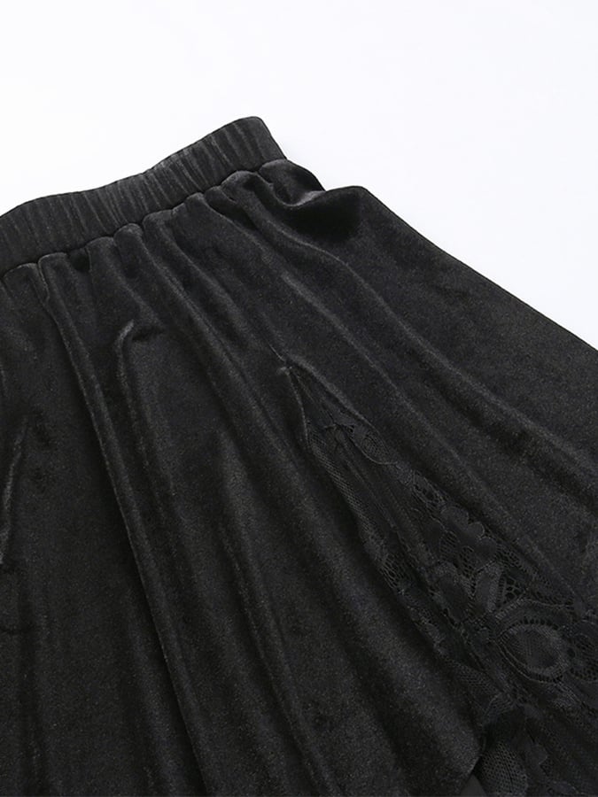 Dark Velvet Lace Elastic Waist Patchwork Skirt