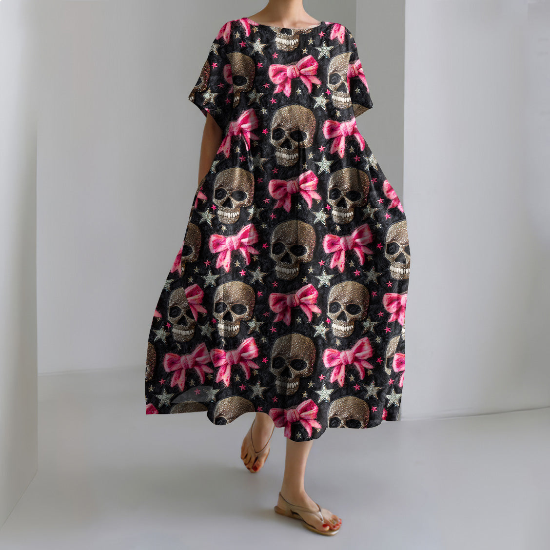 Halloween Skull Bow Print Casual Midi Dress