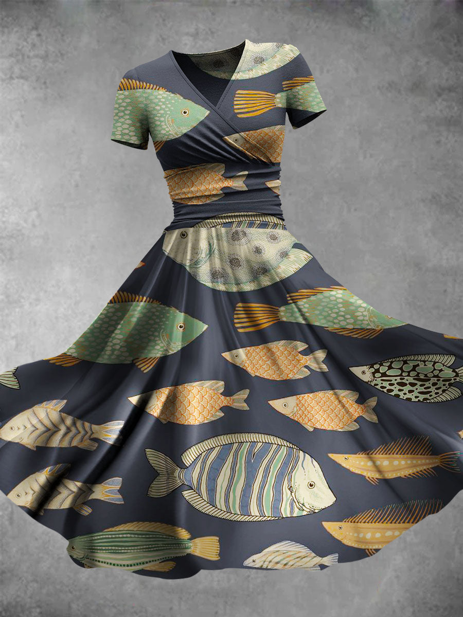 Women's Vintage Lovely Fish Art Print Casual Maxi Dress