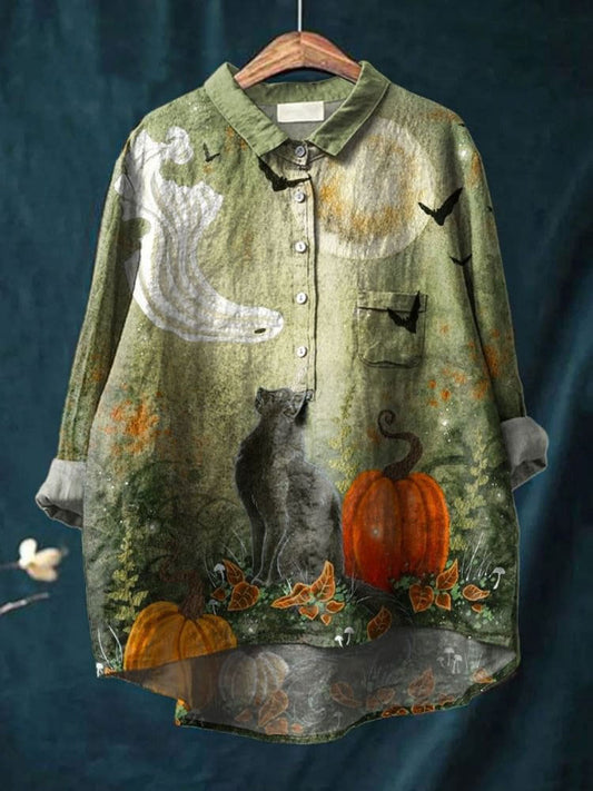 Vintage Lovely Ghost Black Cat Halloween Art Print Casual Cotton And Linen Shirt