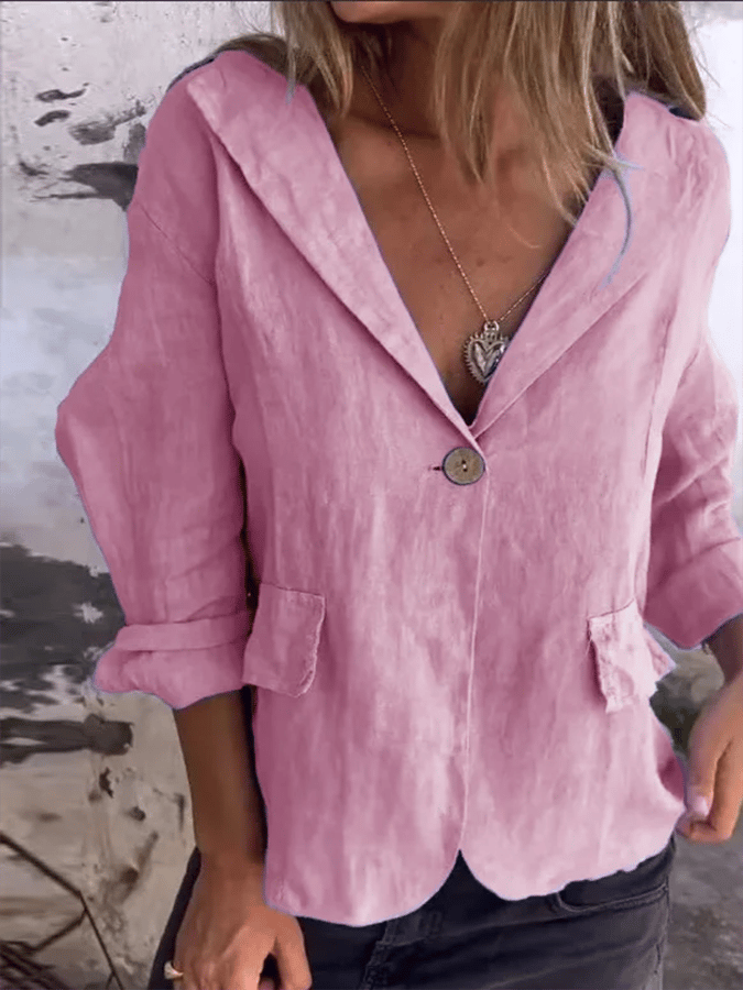 Women's Artistic Loose Solid Color Buttoned Cotton And Linen Suit Jacket