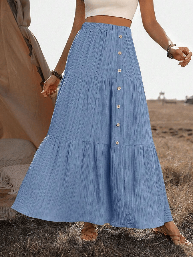 Women's Summer Button Decorated Ruffle Hem Long Skirt