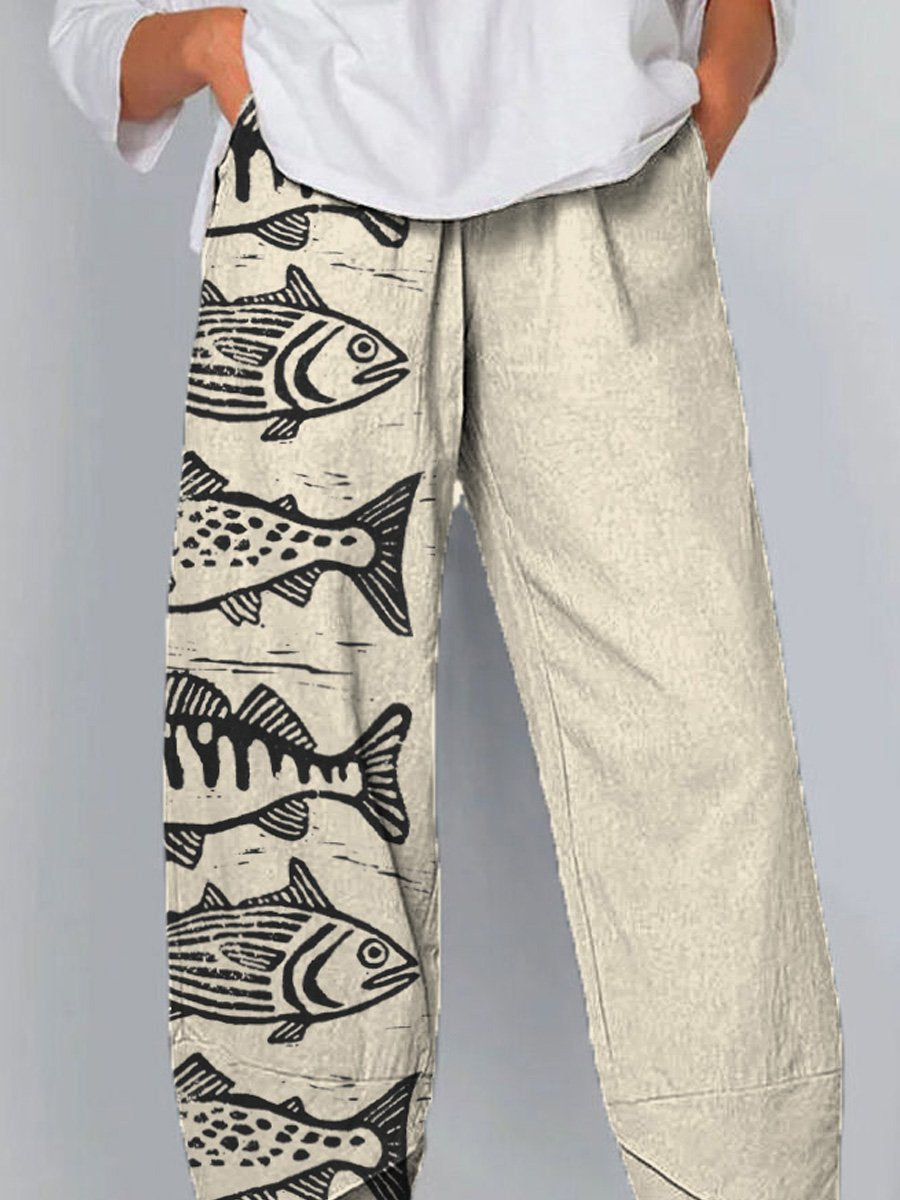 Sea Fish Art Printed Women's Cotton And Linen Casual Pants