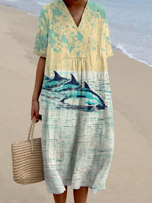 Vintage Symphony Fish Dolphin Art Printed Women'S Flowy Dress