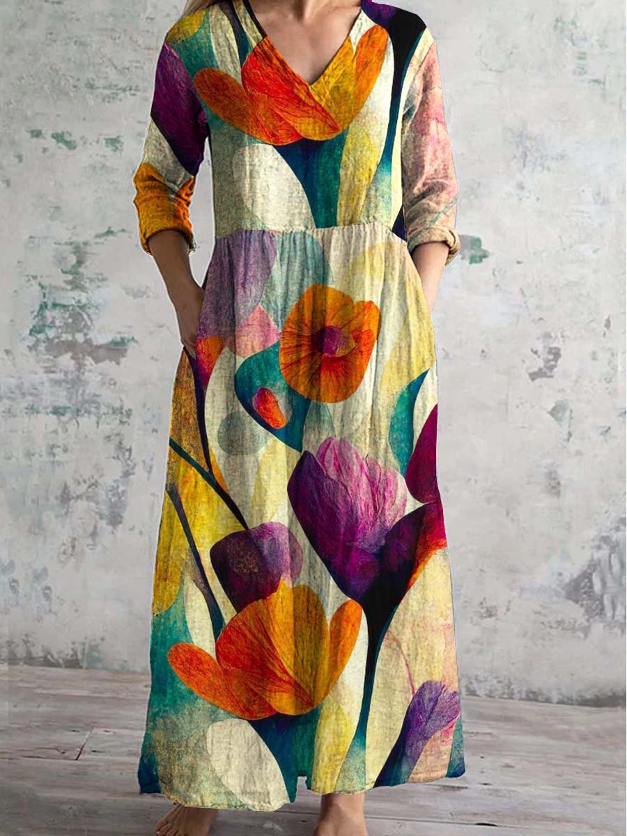 Women's V-neck Rainbow Art Cotton And Linen Dress With Pockets