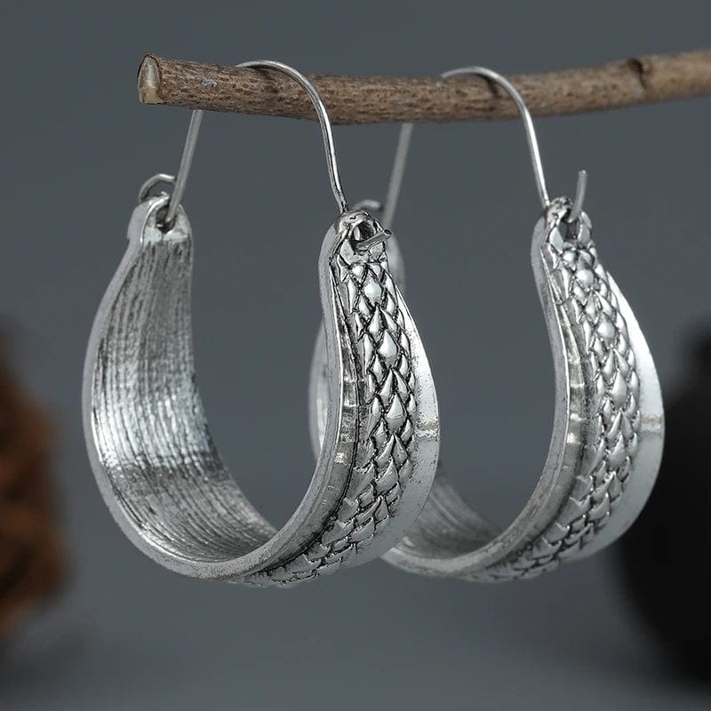 Vintage Snakeskin Pattern Silver Hoop Earrings