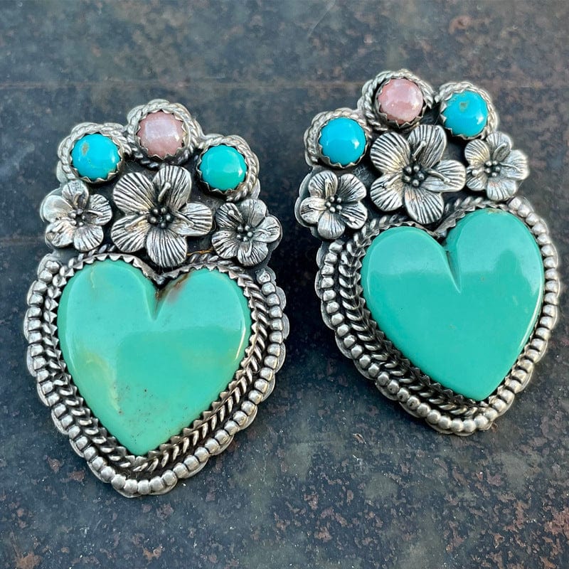 Boho Vintage Love Heart Turquoise Flower Earrings