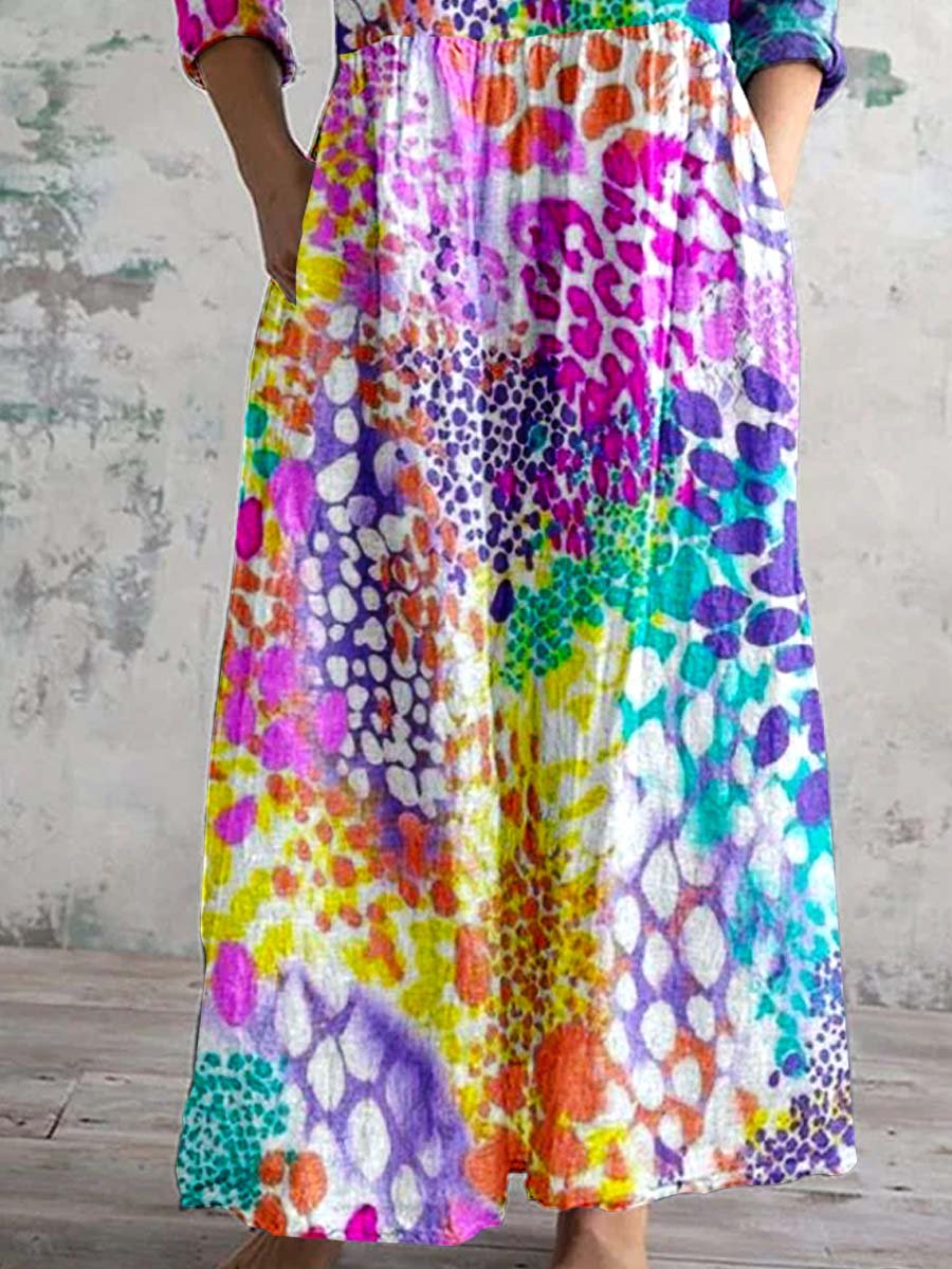 Women's V Neck Abstract Art Pattern Dress With Pockets