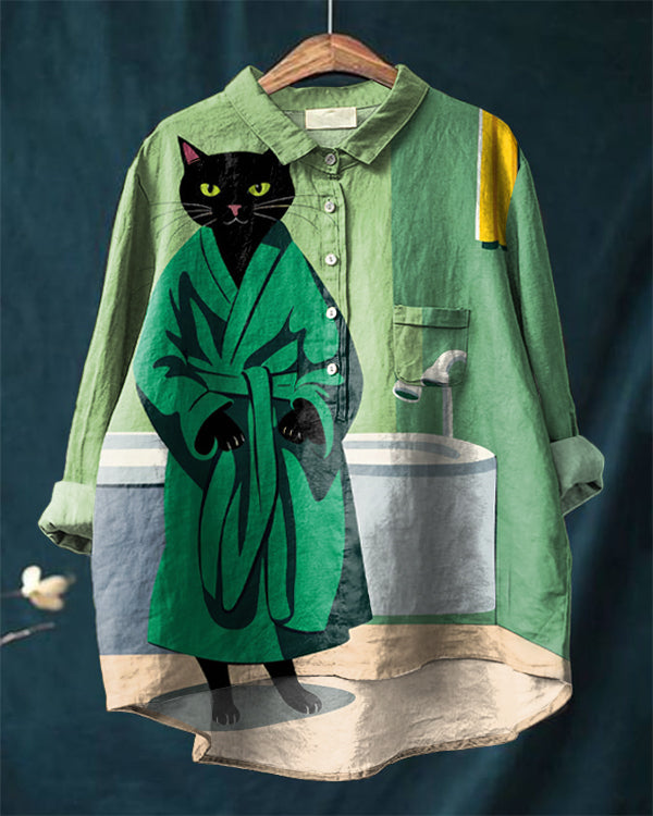 Cute Bathrobe Cat Art Cotton and Linen Casual Shirt