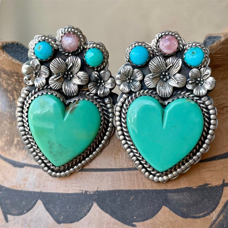 Boho Vintage Love Heart Turquoise Flower Earrings