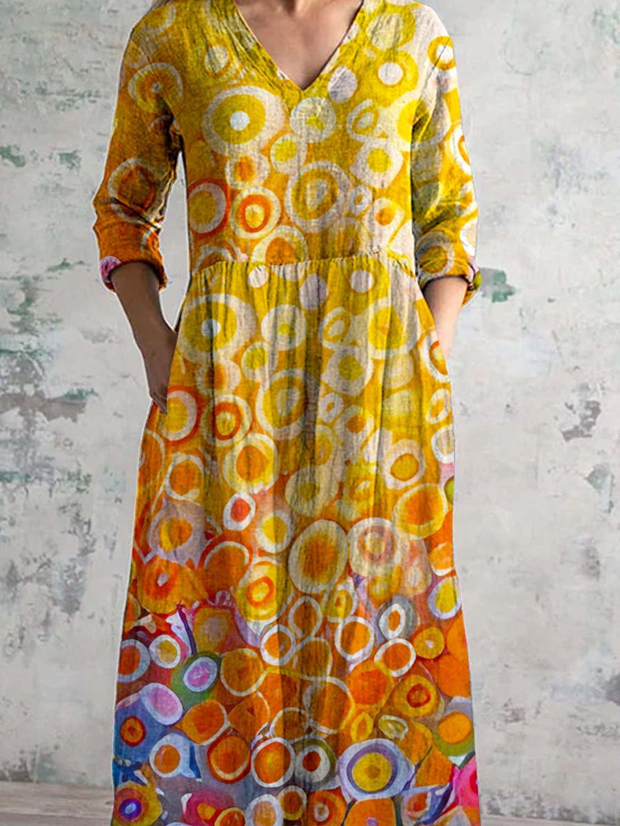 Women's V-neck Art Pattern Cotton And Linen Dress With Pockets