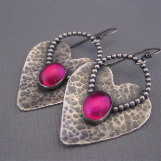 Luxury Heart Round Geometry Red Stone Hook Earrings