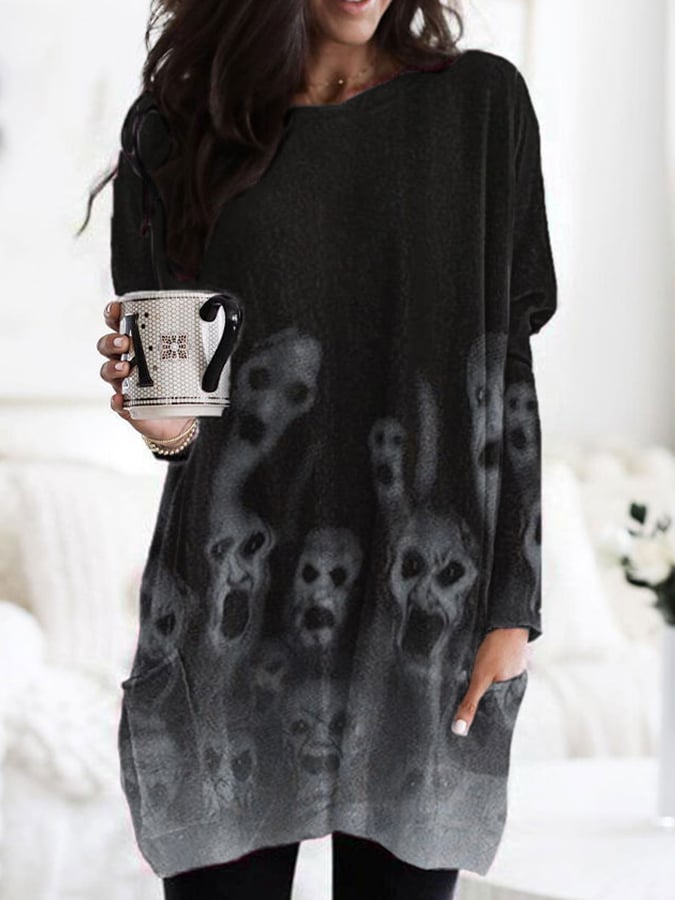 Women's Halloween Vintage Skull Print Pocket Long Sleeve T-Shirt