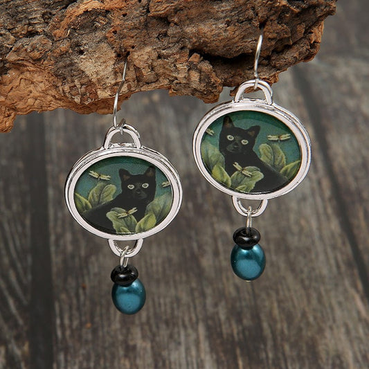 Vintage Round Black Cat Earrings