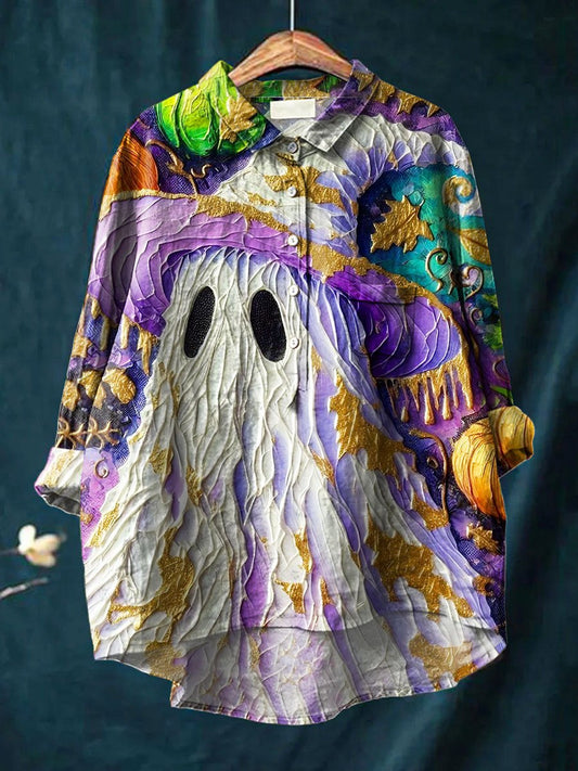 Women's Vintage Halloween Cute Little Ghost Face Ghost Art Print Casual Cotton And Linen Shirt