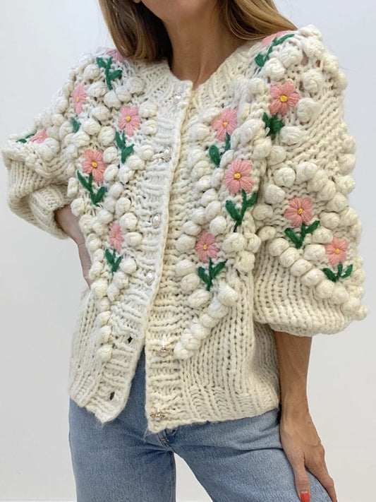 Women's Casual Crochet Embroidery Pearl Button Cardigan Sweater