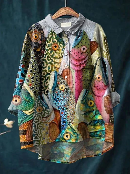 Women's Vintage Fish Art Printed Casual Shirt