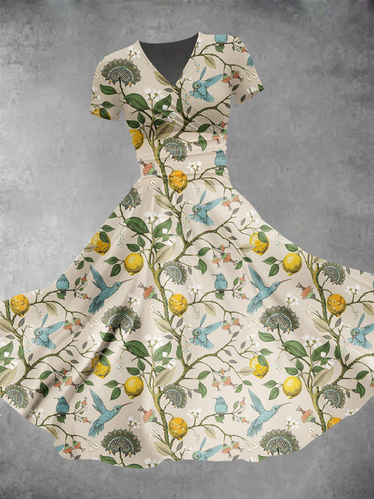 Humming Birds And Citric Lemon Tress Summer Repeat Pattern Printed Women's Maxi Dress